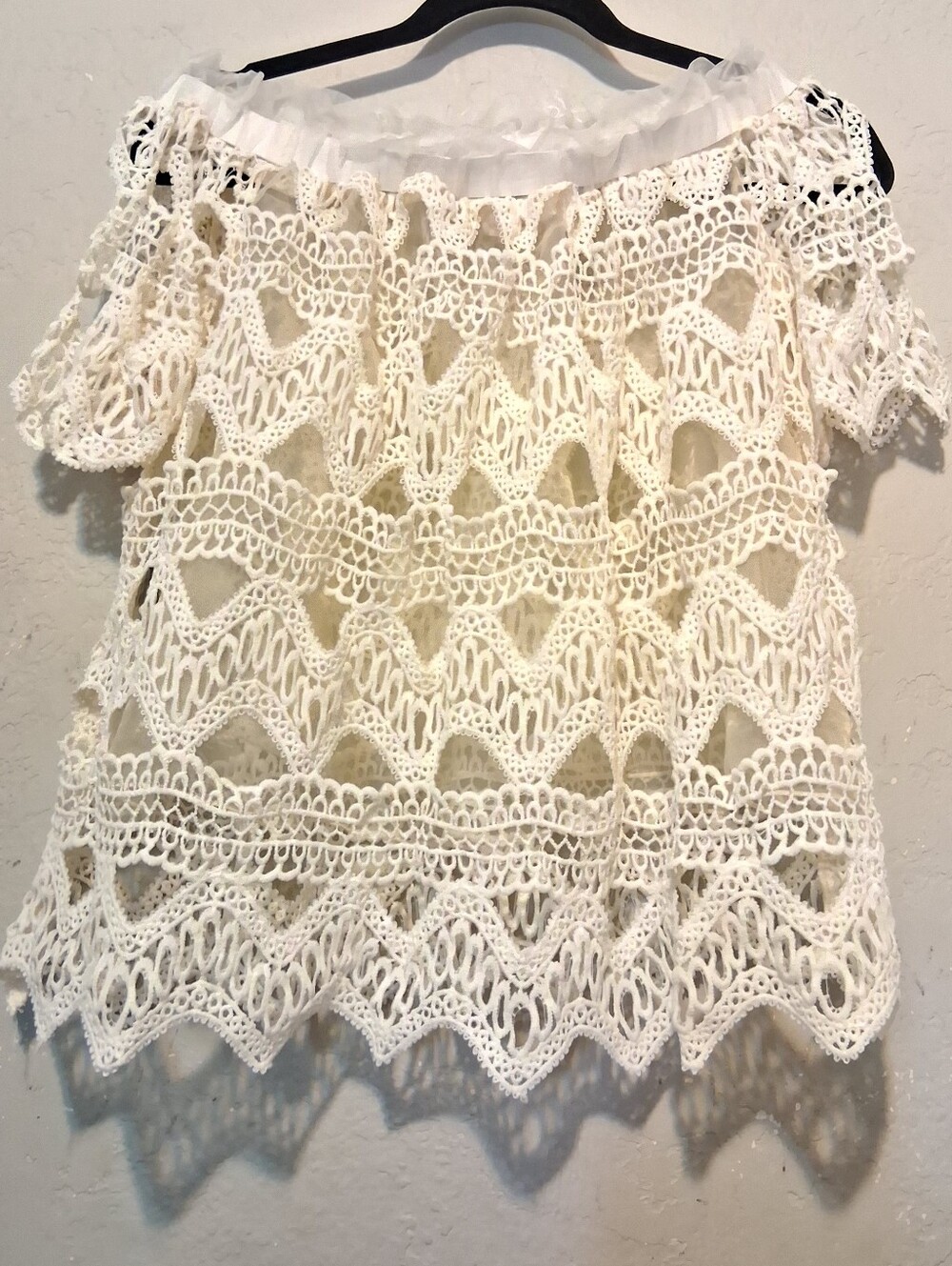 POL Cream Crochet Top Off Shoulder SzS Short Sleeve Lagenlook Open Knit Sheer